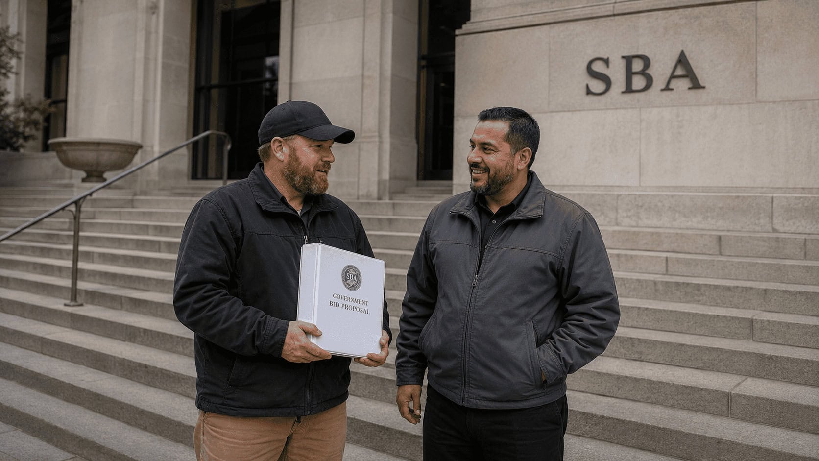 Small business owners reviewing federal contract bid documents outside a US Small Business Administration office
