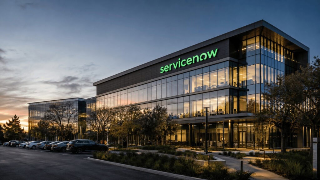 ServiceNow headquarters signage in Santa Clara, California, at dusk