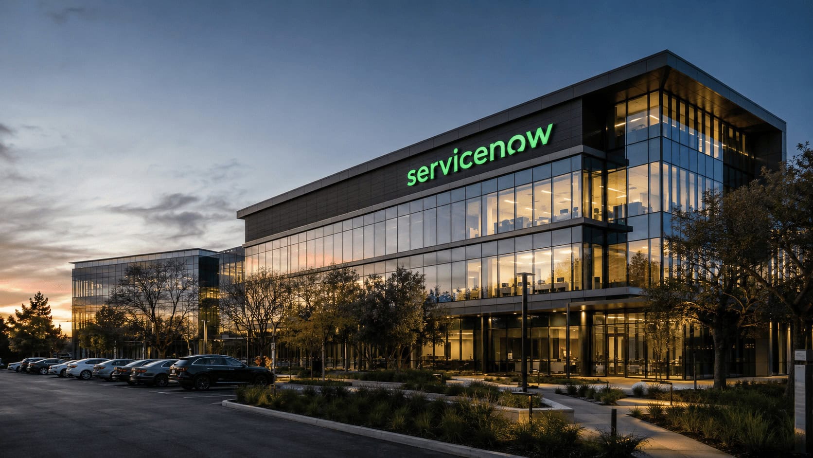 ServiceNow headquarters signage in Santa Clara, California, at dusk