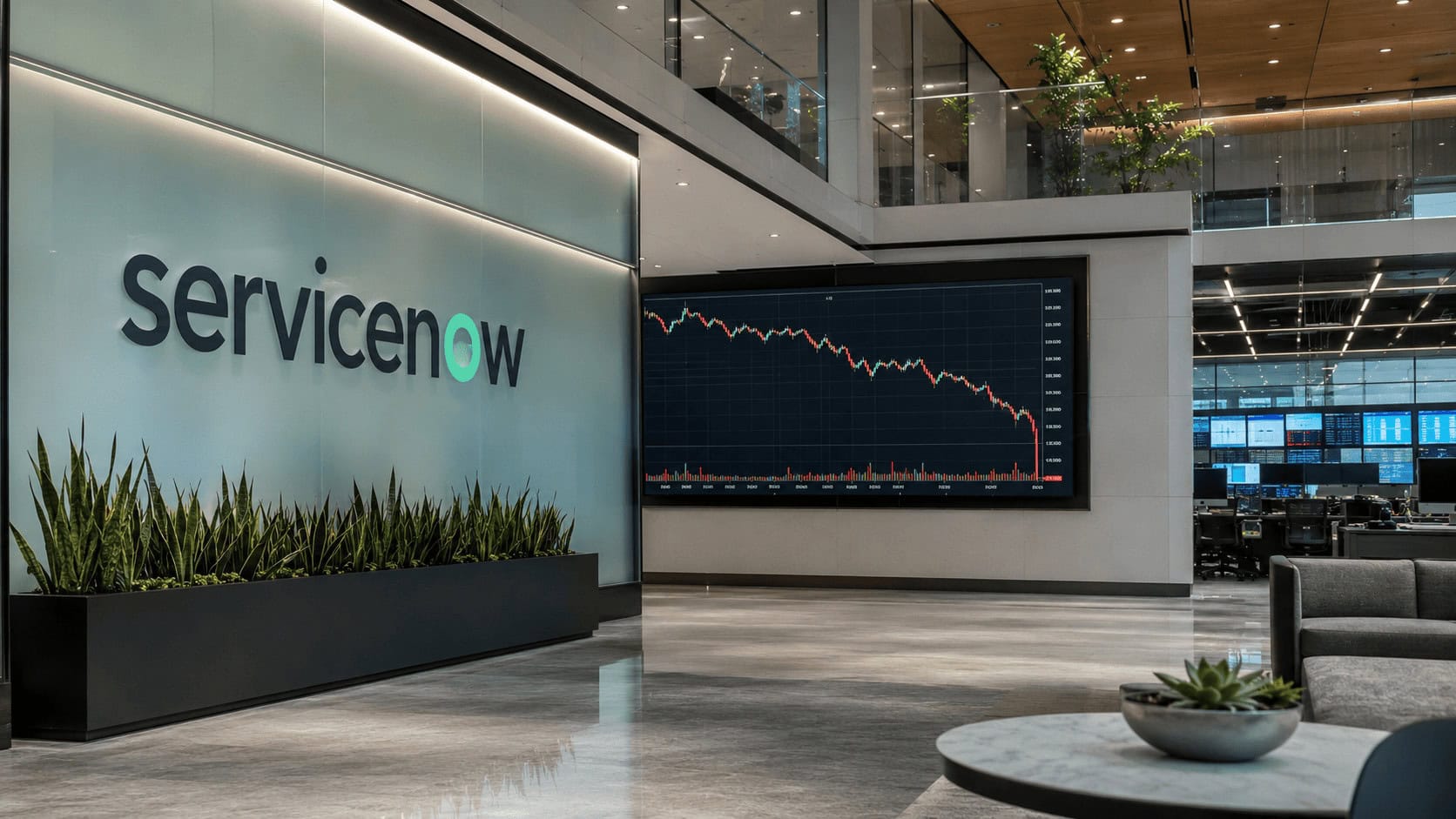 ServiceNow logo on a corporate office wall with a stock-ticker display showing a sharp share-price decline in the background.