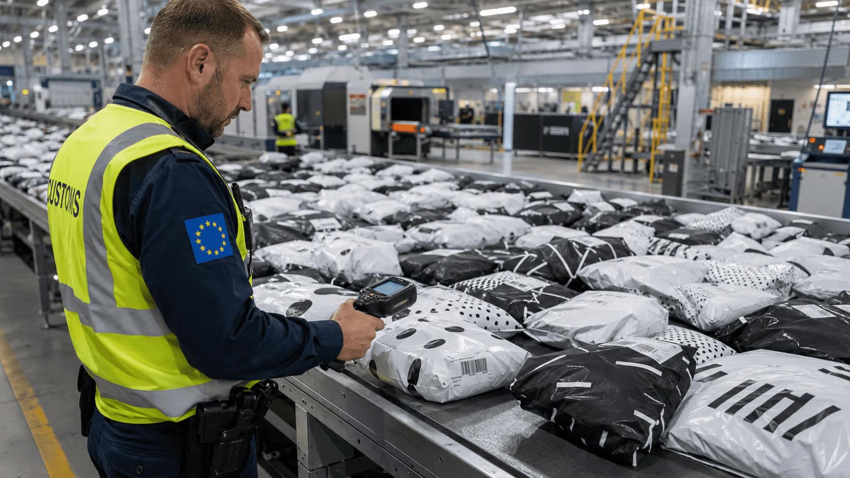 Stacks of small Shein e-commerce parcels on a customs inspection belt at a European air cargo terminal
