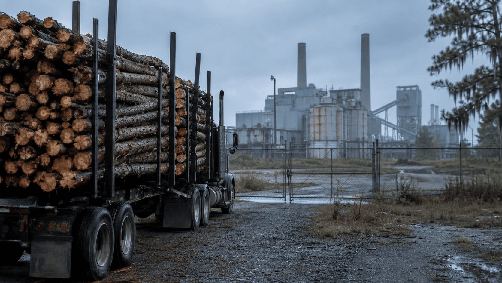 Loaded pulpwood logging truck parked outside the locked gate of a closed containerboard mill in coastal Georgia