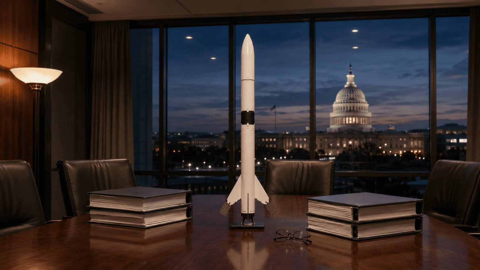Scale model of a slender white two-stage orbital rocket standing on a polished conference table in a Washington government meeting room, with stacked contract binders beside it and the Capitol dome visible through the windows at dusk.