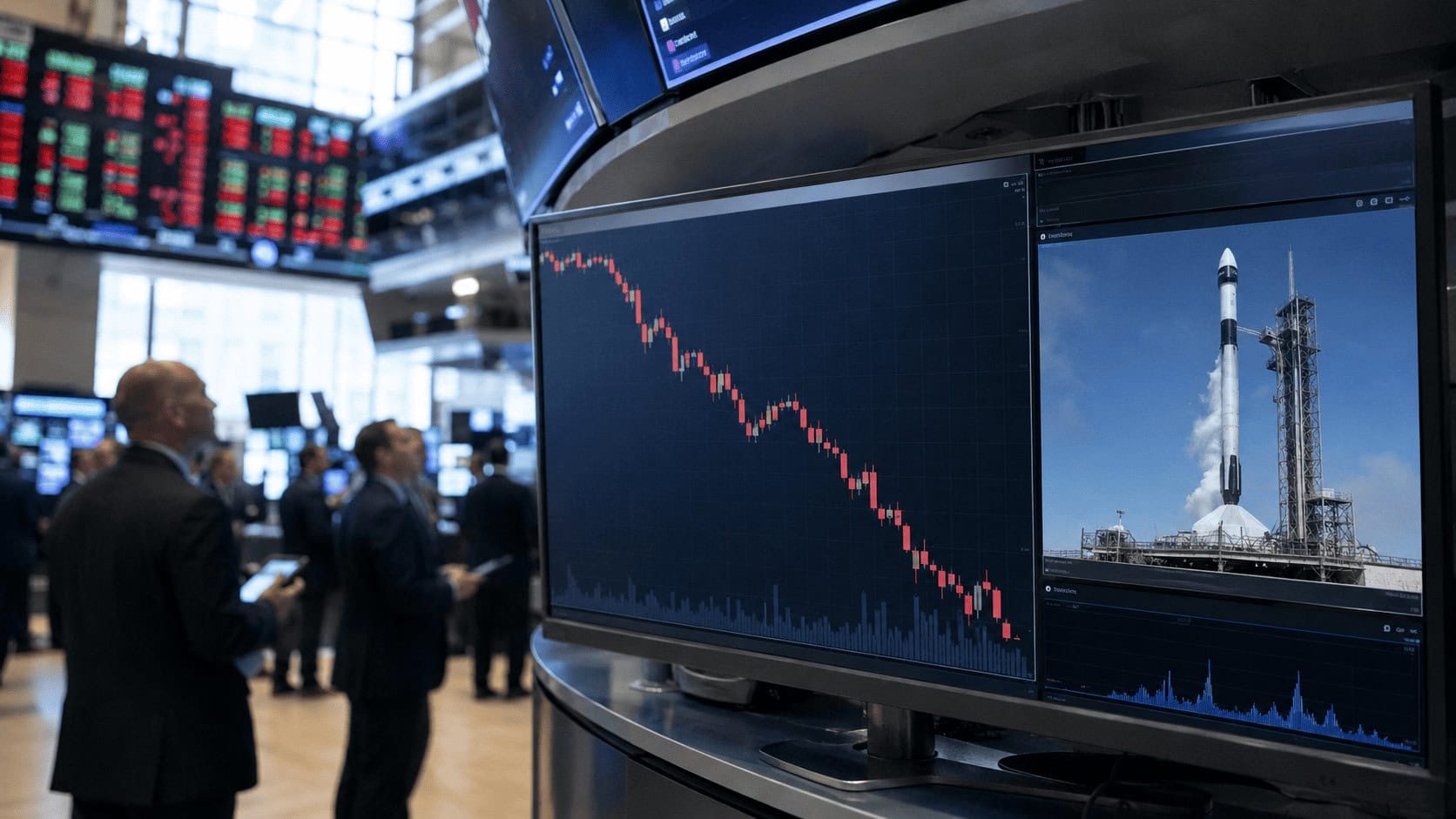 Traders on an exchange floor watching a steeply declining stock chart beside a live launch feed of a commercial rocket.