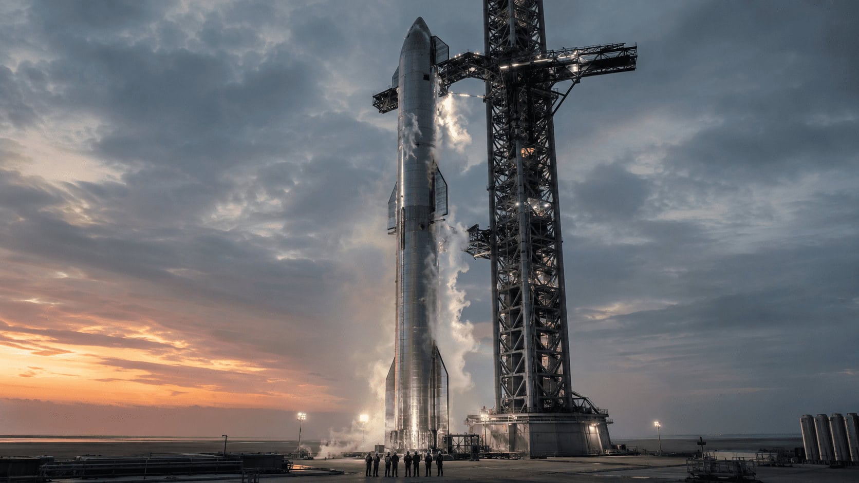 A towering stainless-steel Starship rocket venting vapor on a coastal launch pad at dusk, dwarfing the engineers at its base.