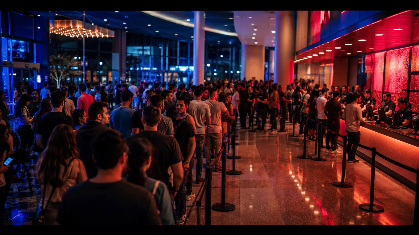 Moviegoers line up at a glowing cinema box office on a sold-out opening night, red and blue light washing across the crowd.