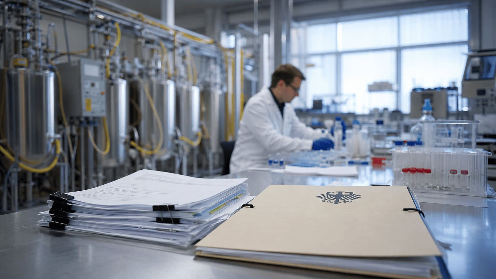 A German government innovation grant contract on a laboratory bench beside fermentation equipment at a European biotech startup