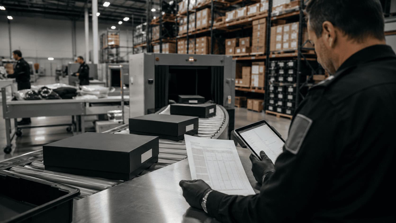 Luxury e-commerce fulfillment centre conveyor carrying designer apparel boxes past a US customs inspection station