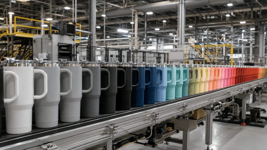 Rows of identical stainless steel tumblers in dozens of different colors moving along a factory conveyor line
