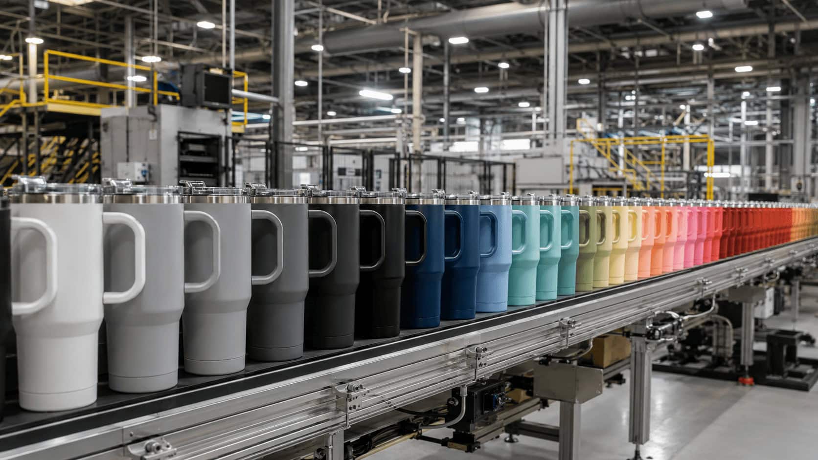 Rows of identical stainless steel tumblers in dozens of different colors moving along a factory conveyor line