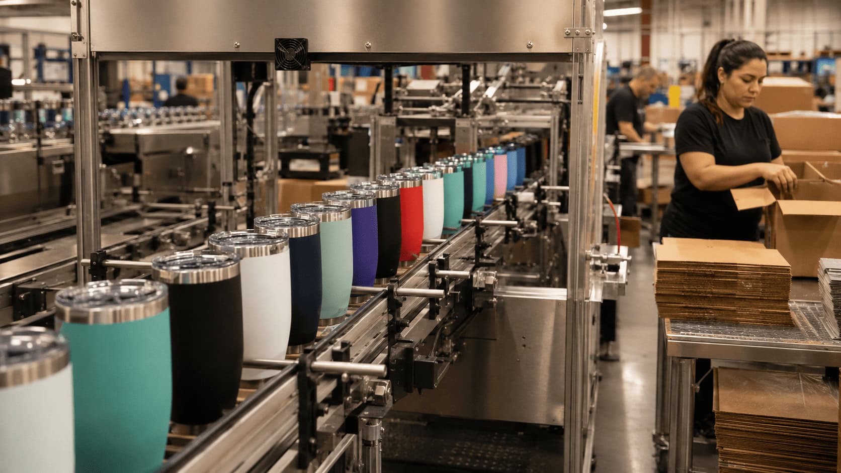 Rows of colorful insulated stainless steel tumblers on a factory packing line.
