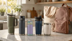 A row of Stanley 1913 stainless steel tumblers and travel mugs in different colors and sizes lined up on a kitchen counter beside a backpack, a lunch box and car keys in morning light