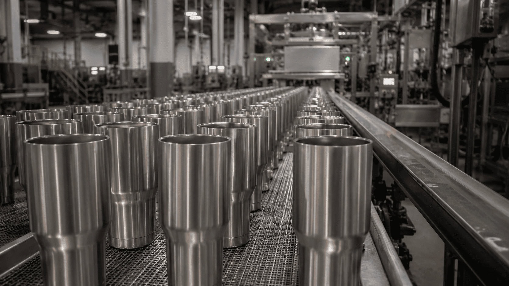 Rows of brushed stainless steel insulated tumbler bodies moving along a factory conveyor under industrial lighting before lids are fitted