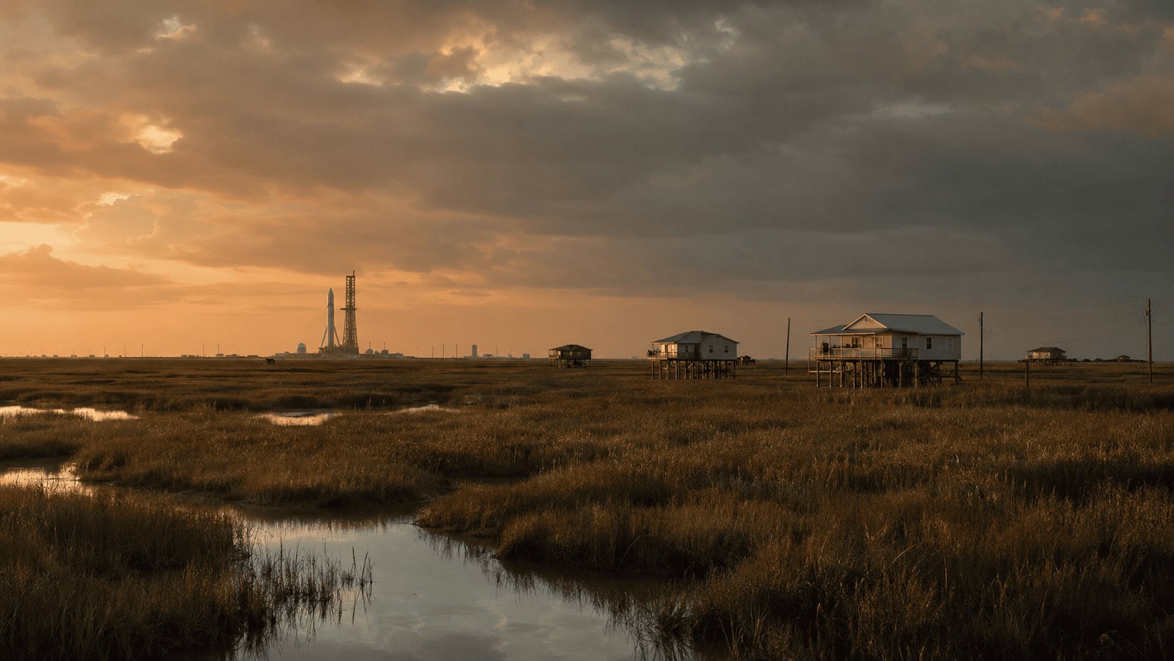 Coastal marshland at dusk in Vermilion Parish, Louisiana, the site of SpaceX's planned Starbase Louisiana spaceport