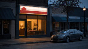 A lit State Farm neighborhood agent office storefront at dusk on a suburban street