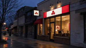 State Farm agent office storefront with the red logo on a small-town street at dusk