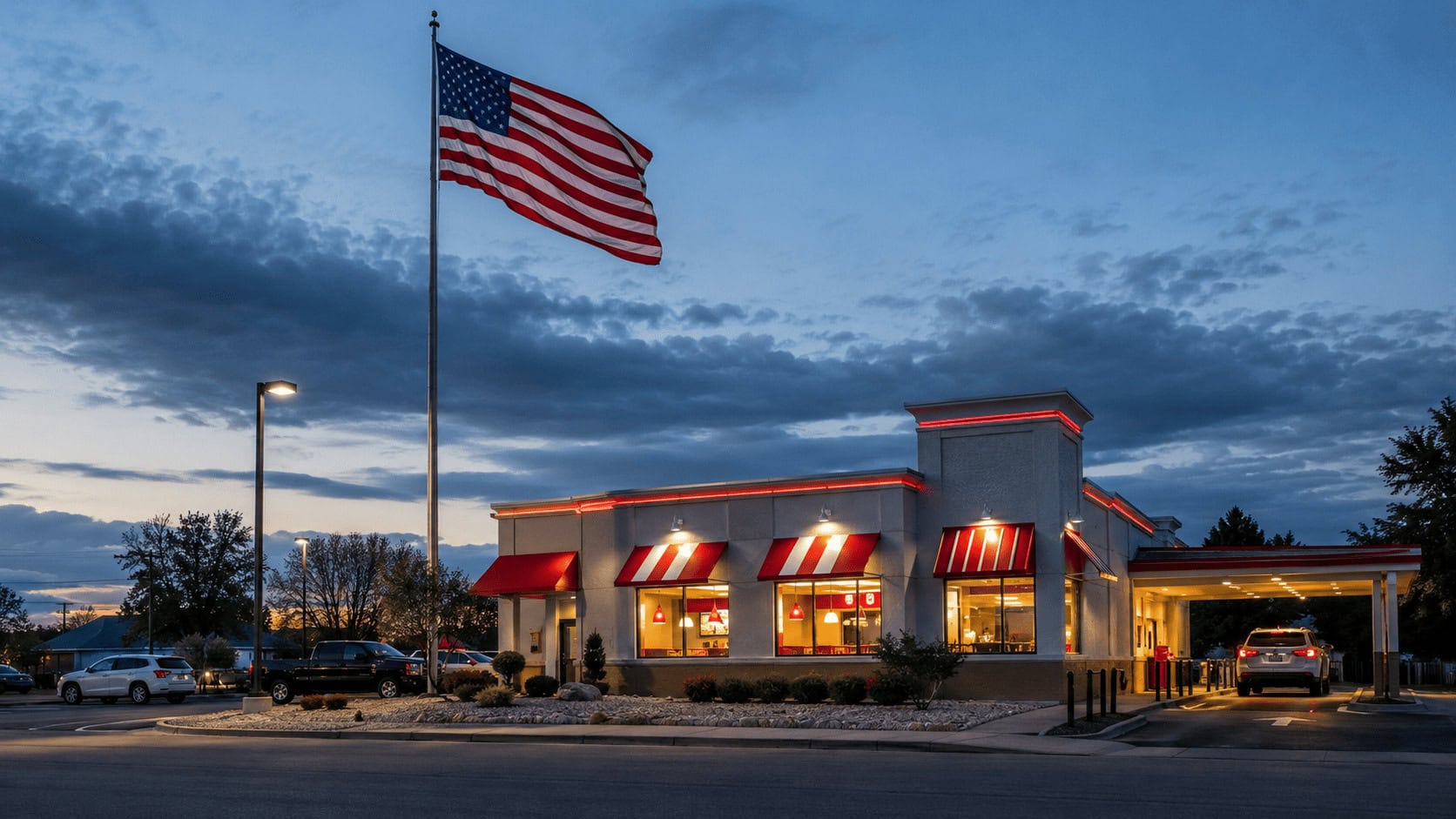 Exterior of a Steak 'n Shake restaurant at dusk with a very large American flag flying over the parking lot.