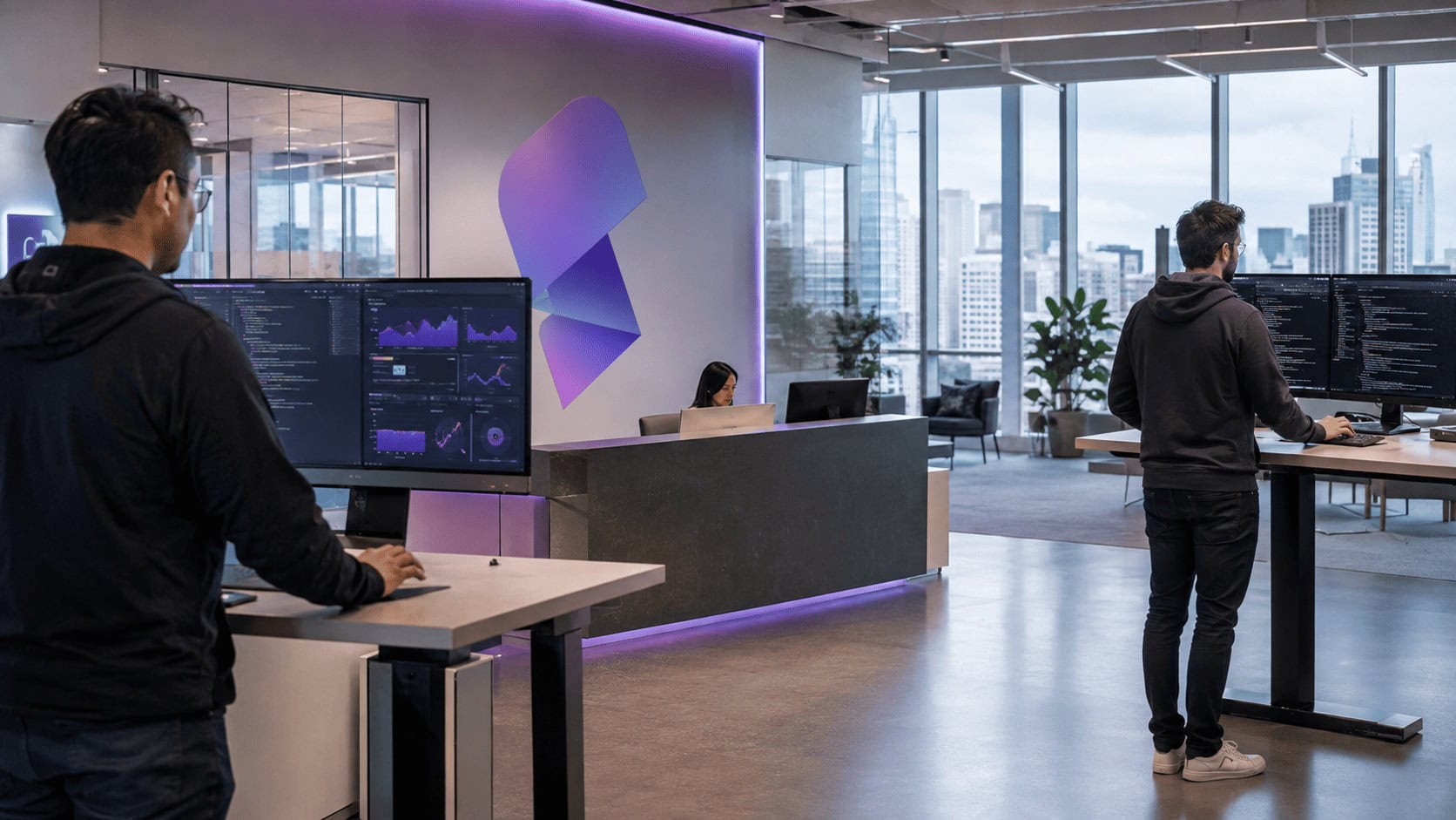 Stripe office signage in San Francisco with developers working at terminals, illustrating Stripe's acquisition of AI gateway OpenRouter.