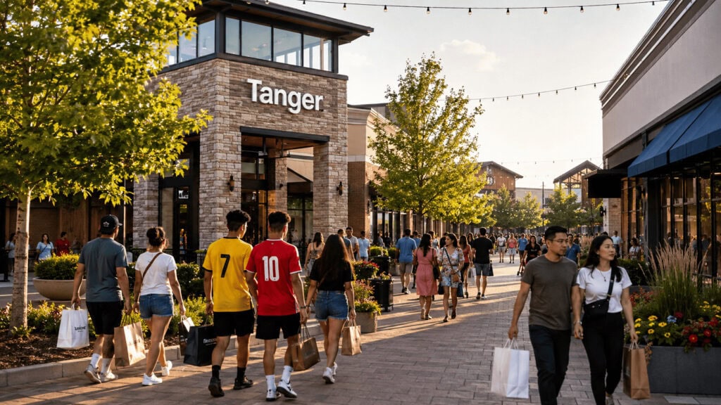 Shoppers walking through a busy Tanger open-air outlet center on a summer day, some wearing soccer jerseys, with branded storefronts and a Tanger entry sign.