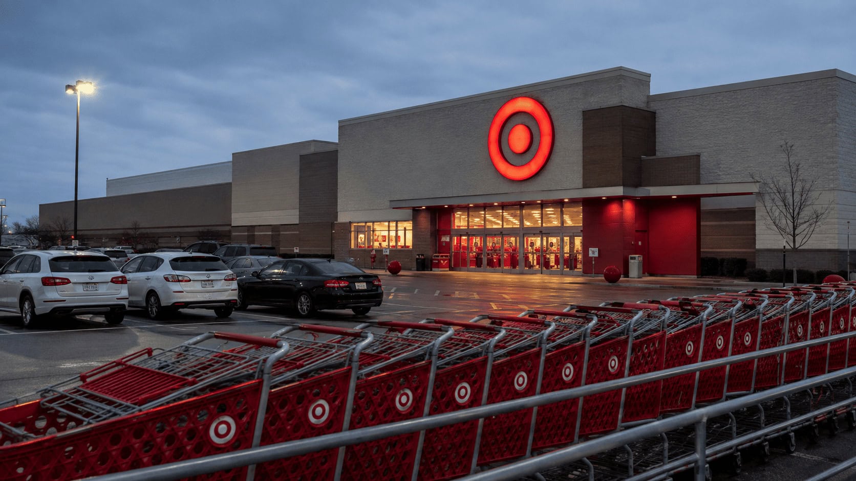 A Target store exterior with the red bullseye logo above the entrance and shopping carts in the foreground at dusk.