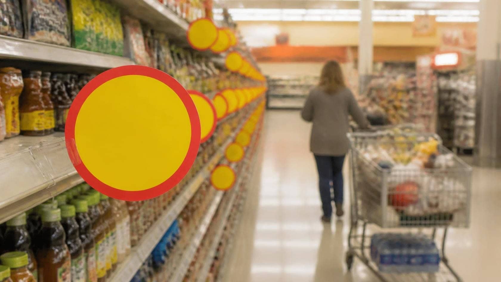 Yellow price-cut tags along a big-box grocery aisle as retailers spend tariff refunds on lower shelf prices