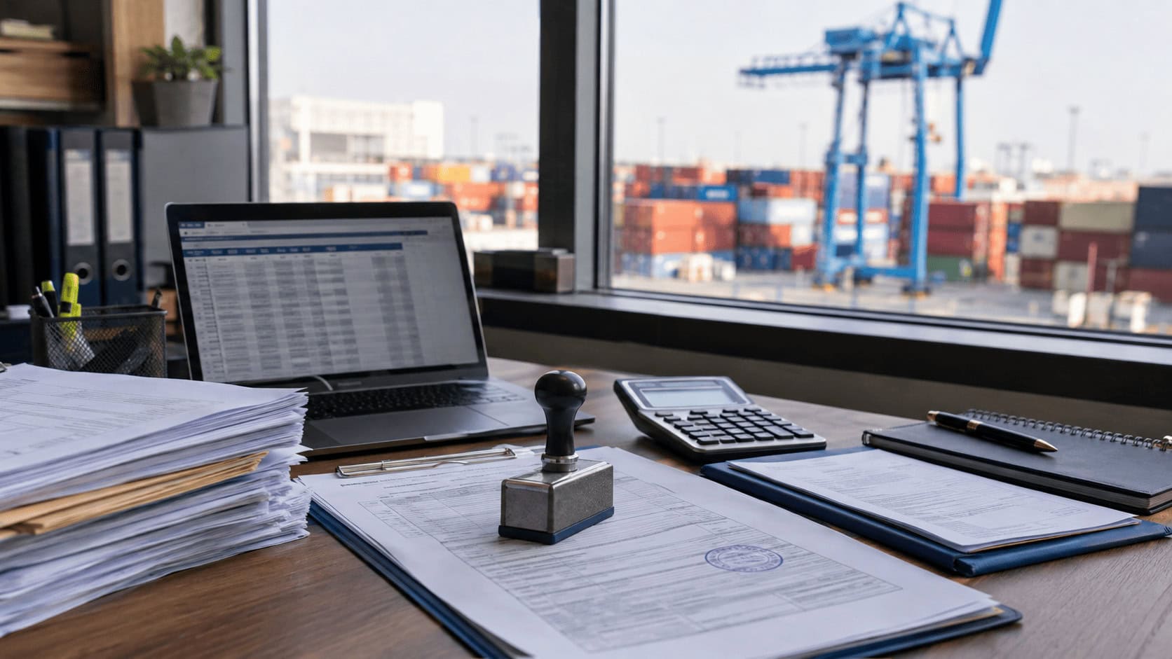 Customs broker's desk with commercial invoices and a stamped customs entry form, container terminal visible through the window