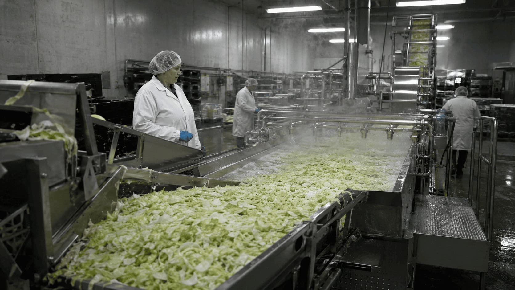 Trabajadores con batas blancas y redecillas para el cabello inspeccionan la lechuga rallada que se desplaza por una línea de lavado de acero inoxidable dentro de una planta procesadora de productos frescos cortados.
