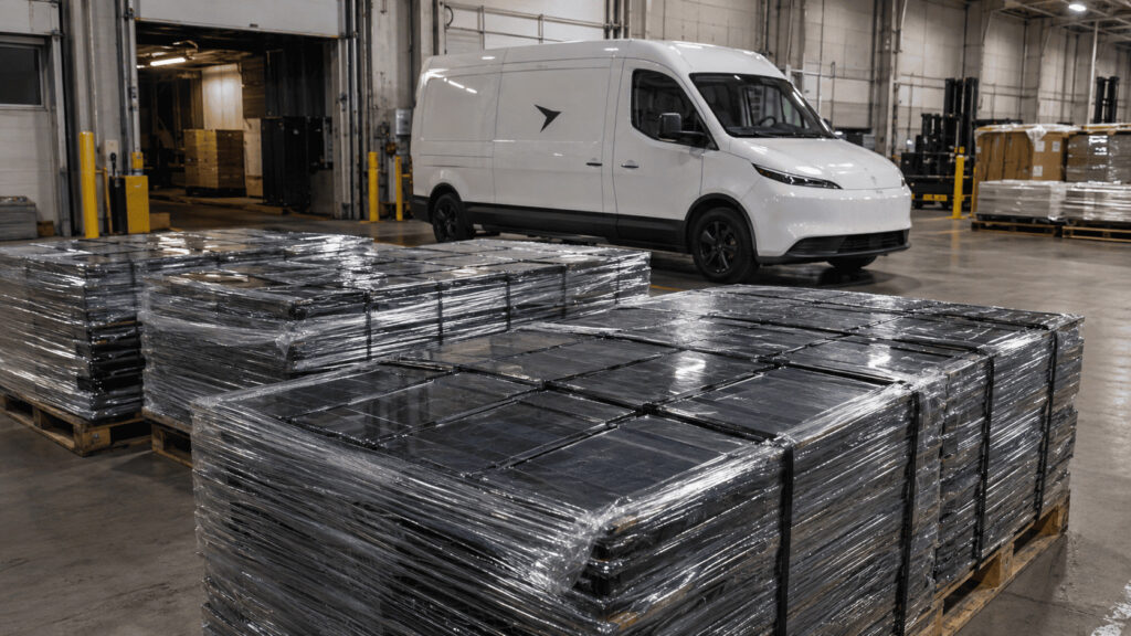 Pallets of shrink-wrapped glass solar roof tiles stacked in a dim warehouse next to a white Tesla-branded service van