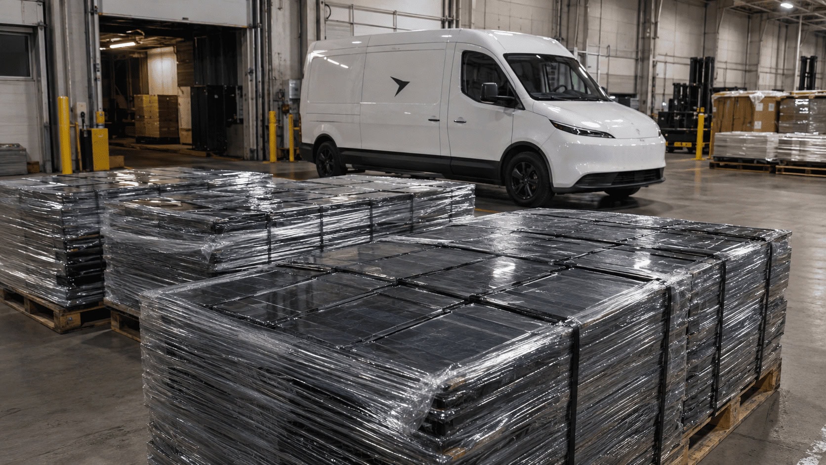 Pallets of shrink-wrapped glass solar roof tiles stacked in a dim warehouse next to a white Tesla-branded service van