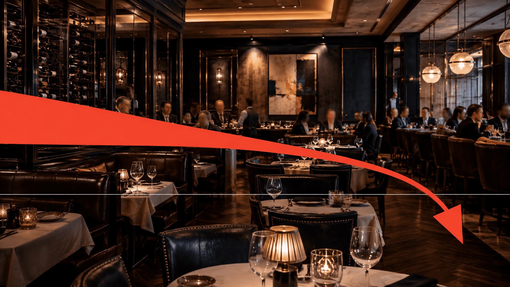 Texas Roadhouse SWOT analysis illustration showing a full steakhouse dining room with a growth arrow narrowing and turning downward