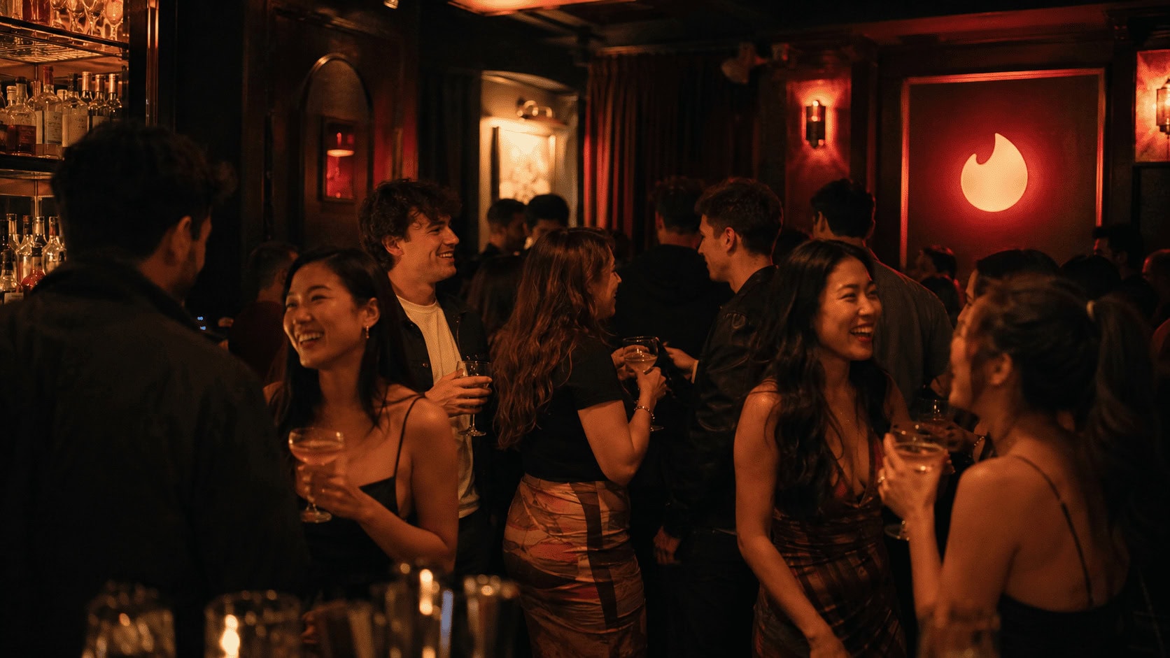 Young singles socializing at a Tinder-branded in-person event in a warmly lit bar.