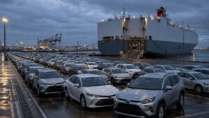 Rows of new Toyota vehicles waiting on a port dock beside a car carrier ship at dusk