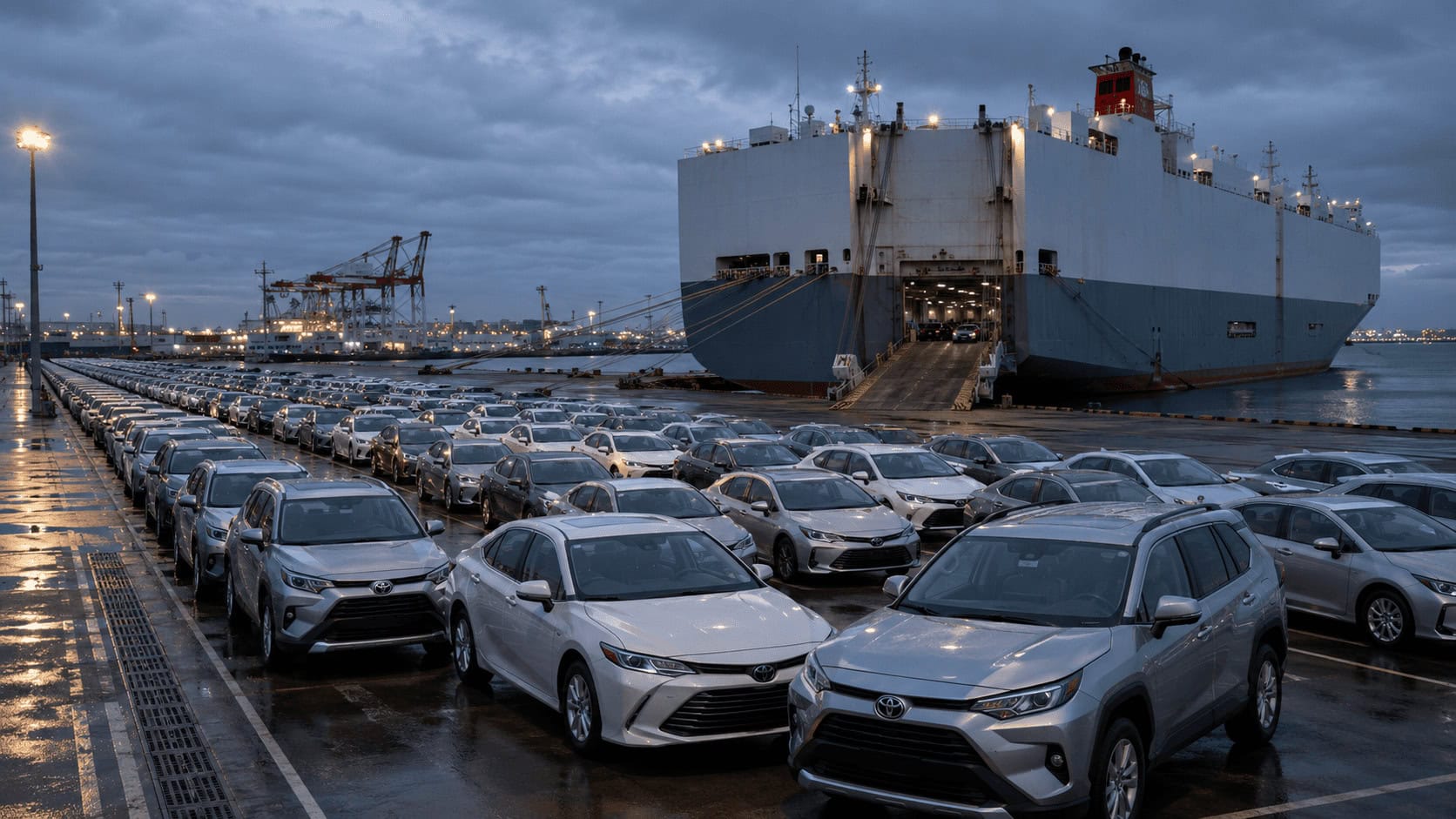 Rows of new Toyota vehicles waiting on a port dock beside a car carrier ship at dusk