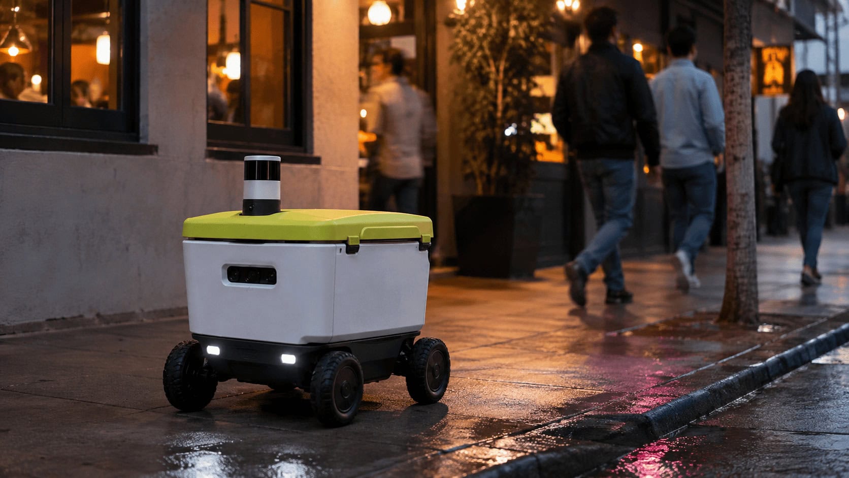 A white four-wheeled sidewalk delivery robot with a lidar mast parked at a restaurant curb in Los Angeles at dusk