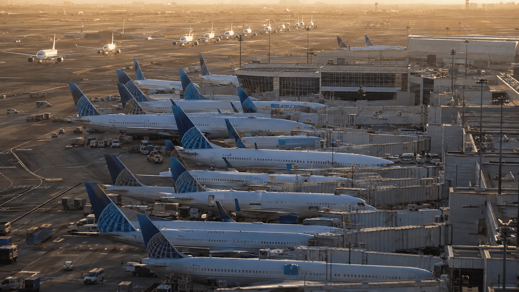 United Airlines aircraft filling every gate on a congested airport apron with more jets queued on the taxiway