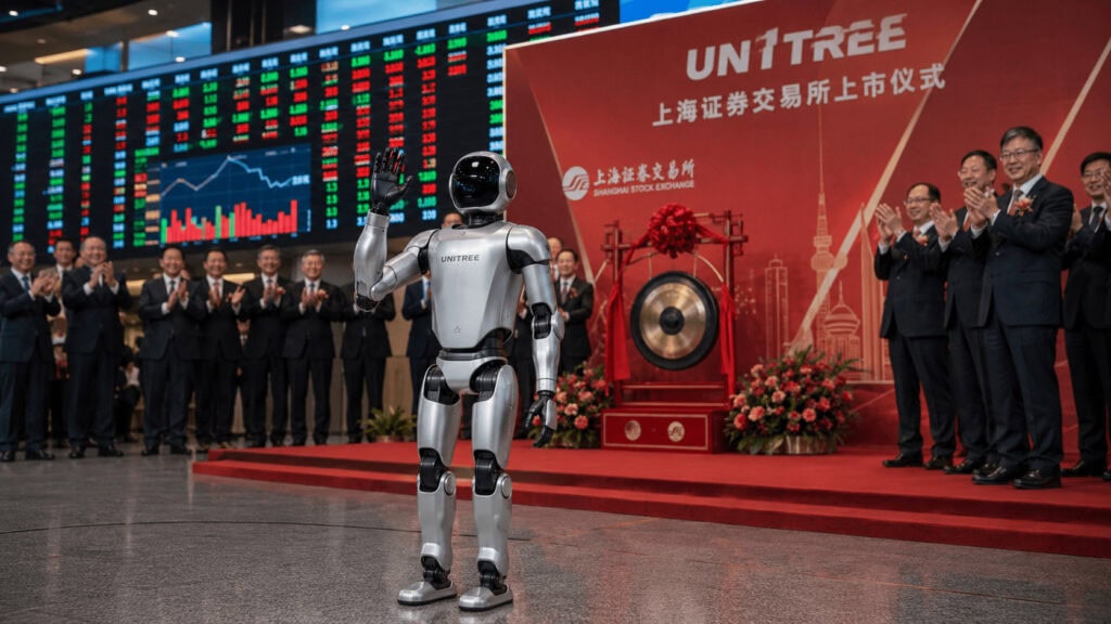 A Unitree humanoid robot standing at a Shanghai Stock Exchange listing ceremony as executives applaud behind it