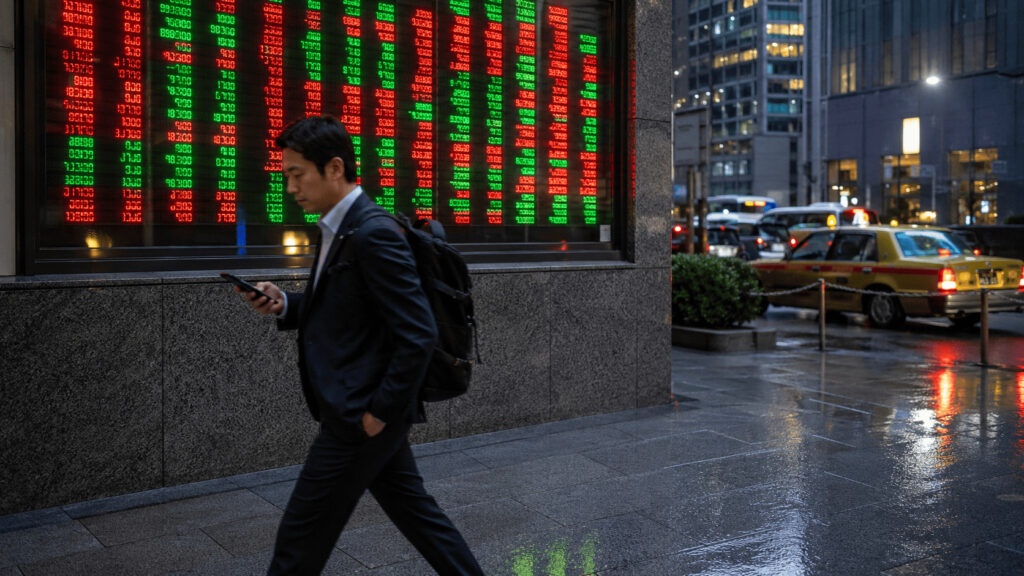 A businessman walks past an electronic currency and stock quote board in Tokyo's financial district as the yen trades near four-decade lows.
