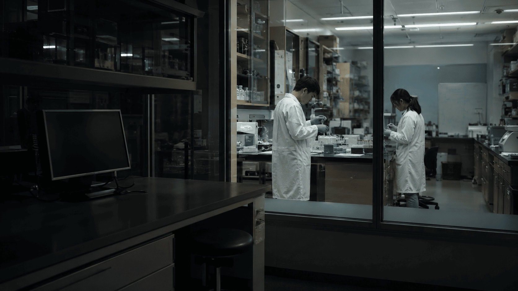 Two young researchers working late in an American university laboratory beside an empty workstation.