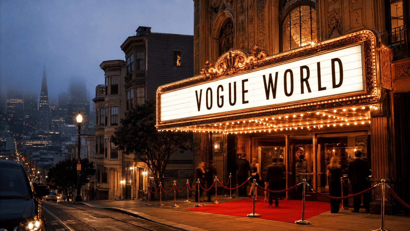 Vogue World signage on a San Francisco theater marquee at dusk with fog over the city skyline