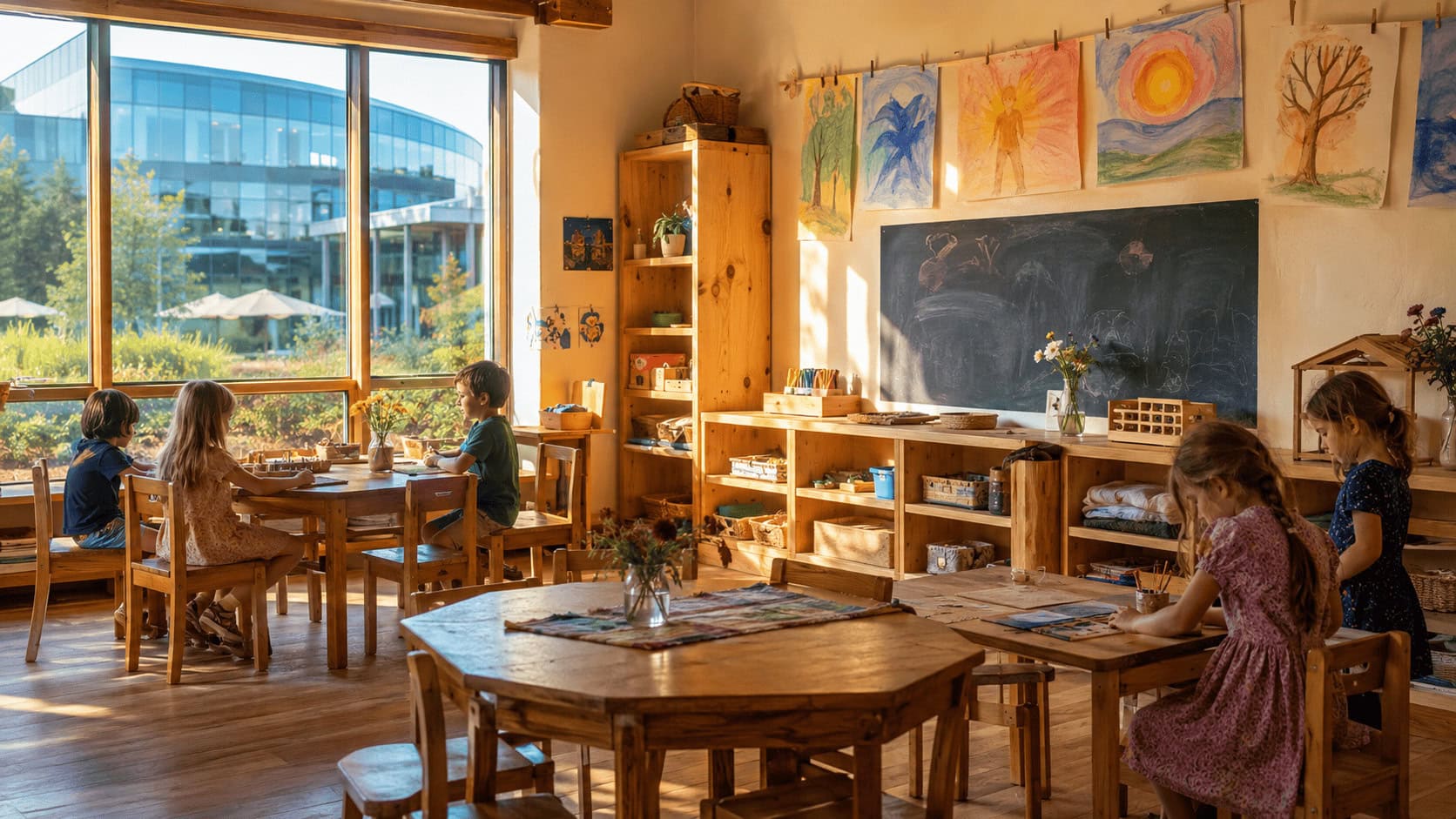 Screen-free Waldorf-style classroom with wooden desks and no devices, a Silicon Valley tech campus visible through the window