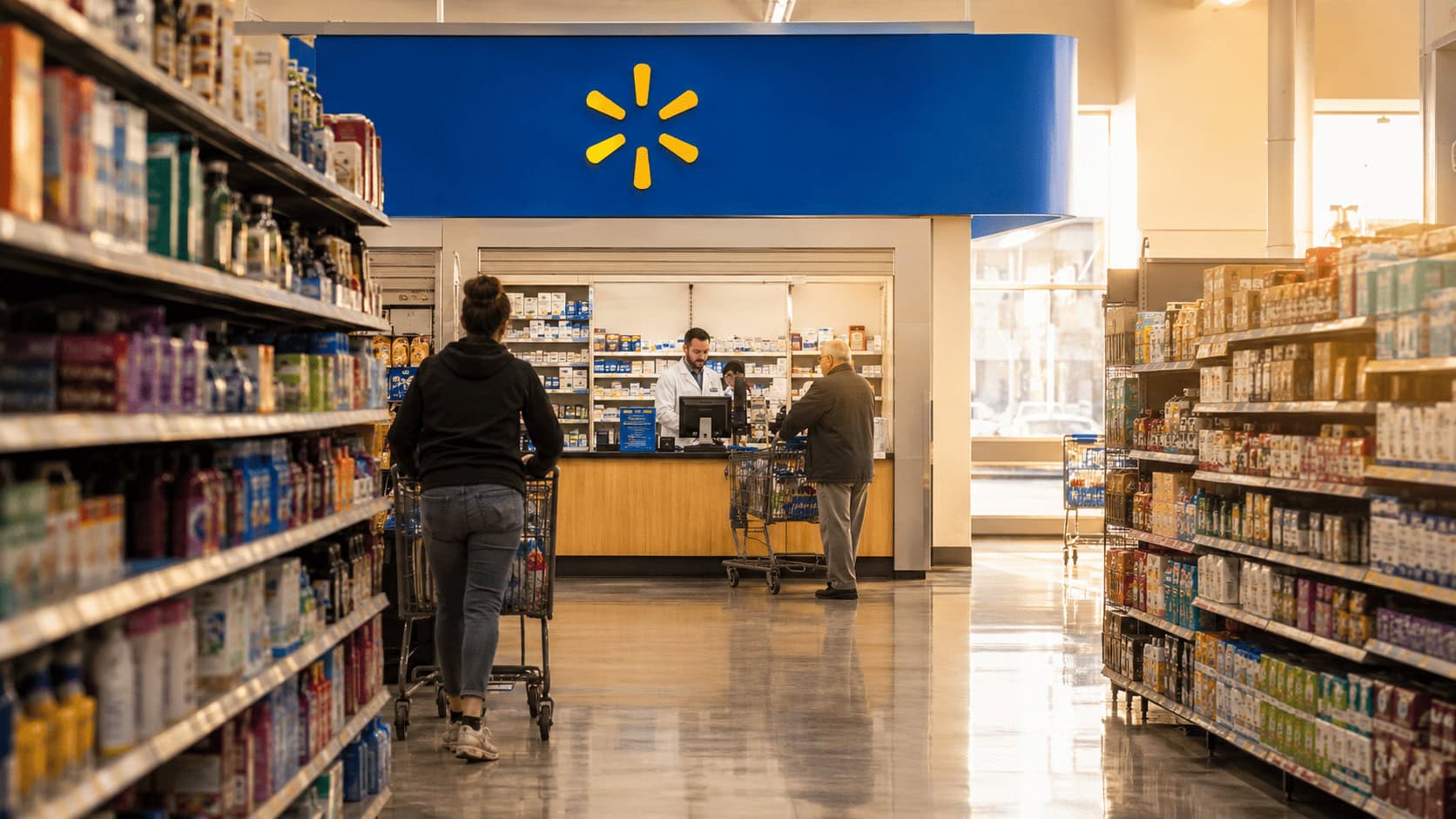 Shoppers at a Walmart supercenter pharmacy counter beside the grocery aisles.