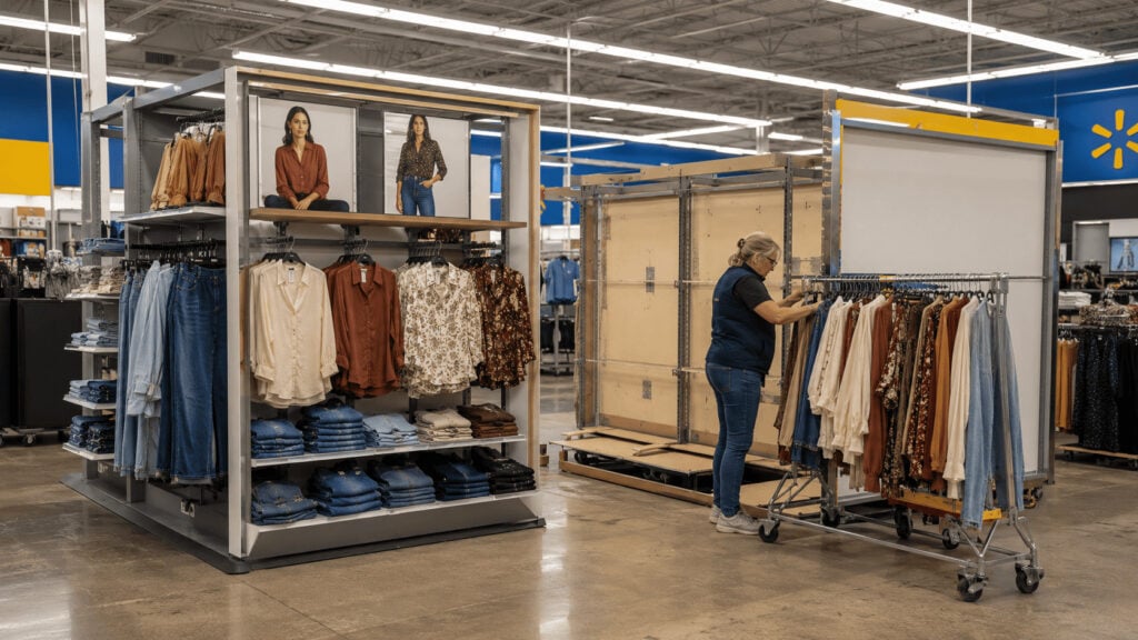 Women's apparel fixture inside a Walmart supercenter with a new store-brand clothing display replacing an existing one