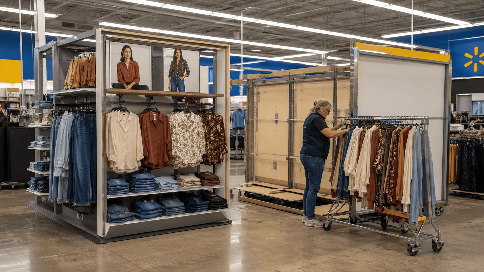 Women's apparel fixture inside a Walmart supercenter with a new store-brand clothing display replacing an existing one