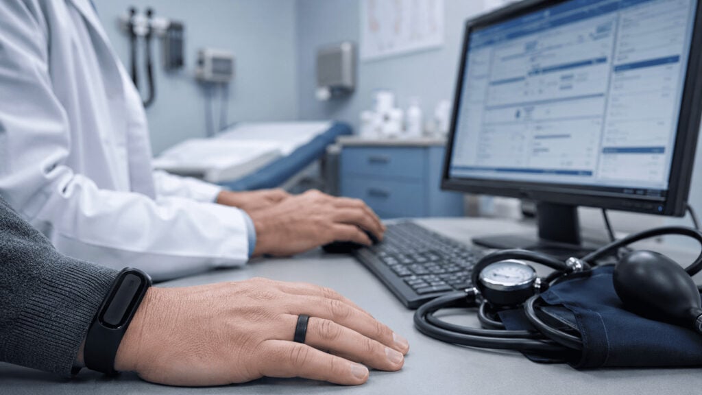 Doctor at an electronic health record billing screen while a patient wearing a smart ring and fitness band rests a hand on the desk beside a blood pressure cuff