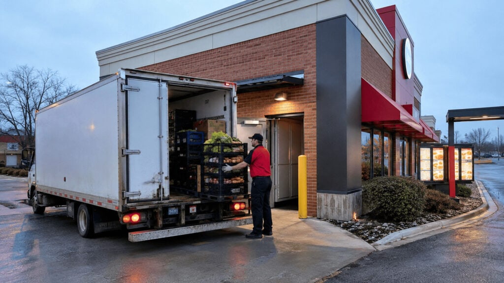 Refrigerated delivery truck backed up to the service door of a Wendy's restaurant at dawn