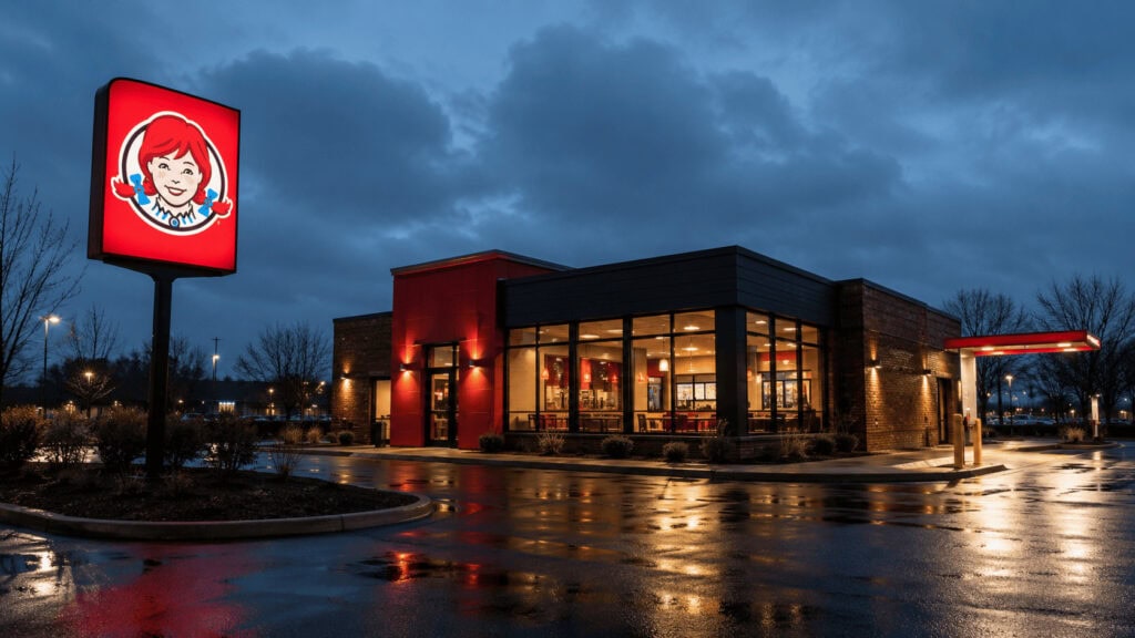 Empty Wendy's restaurant and drive-thru lit at dusk, illustrating the chain's declining U.S. sales as Nelson Peltz prepares a take-private bid.