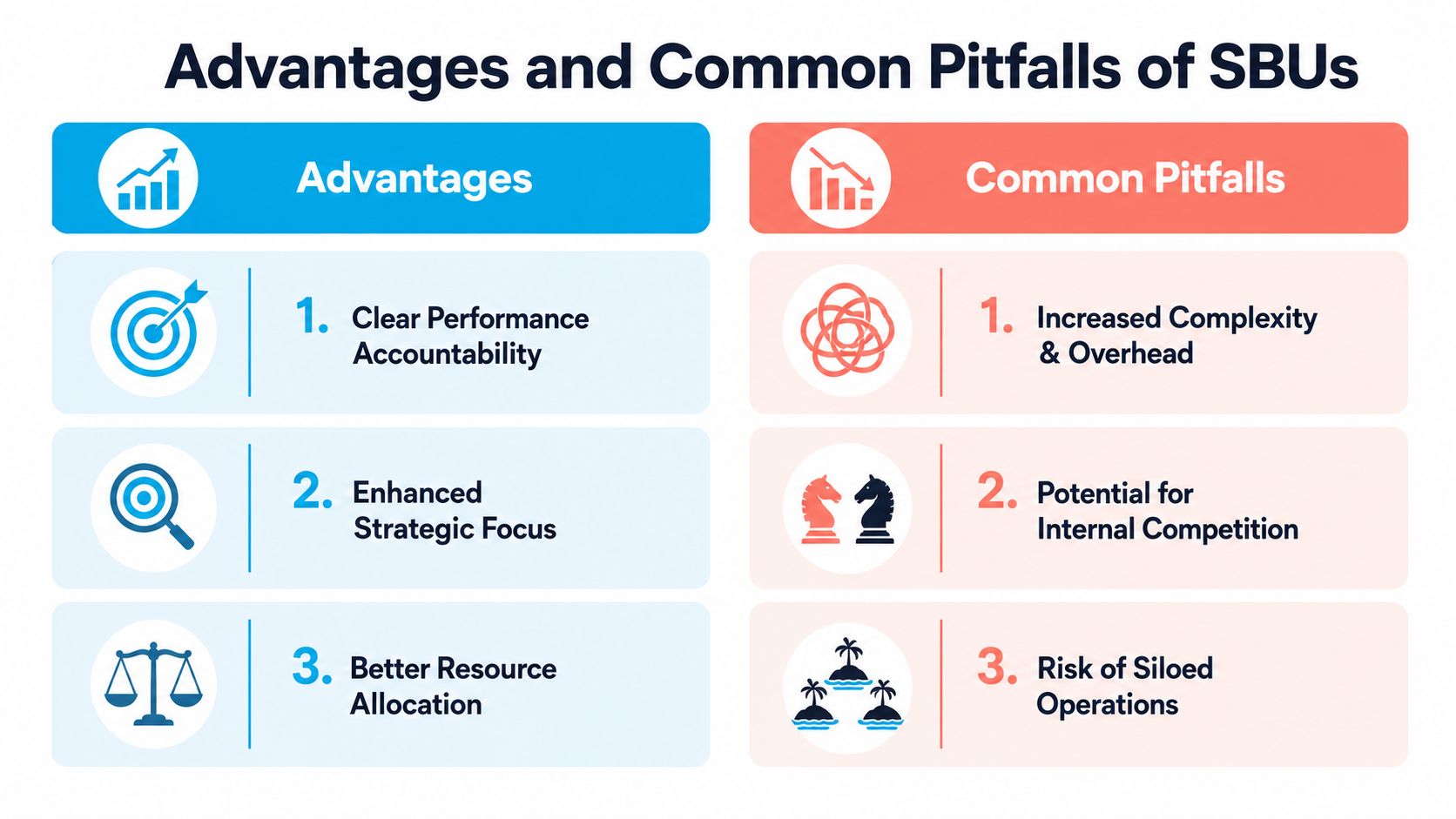 A visual comparison chart showing the primary benefits and potential drawbacks of Strategic Business Units (SBUs) in business.