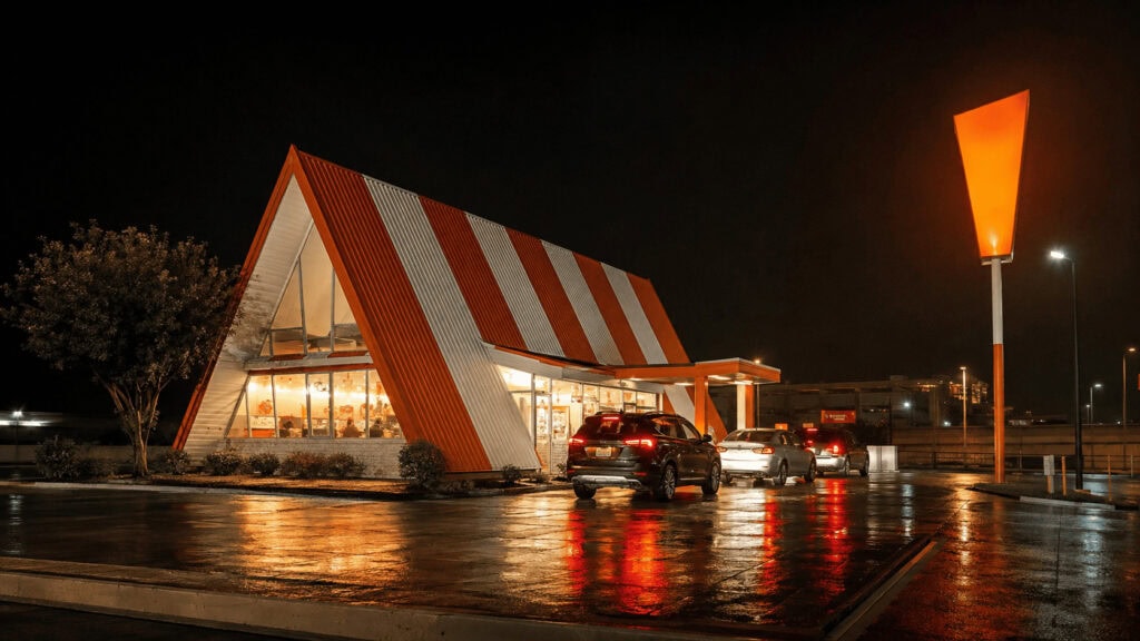 Orange-and-white A-frame Whataburger restaurant lit at night with cars in a double drive-thru lane
