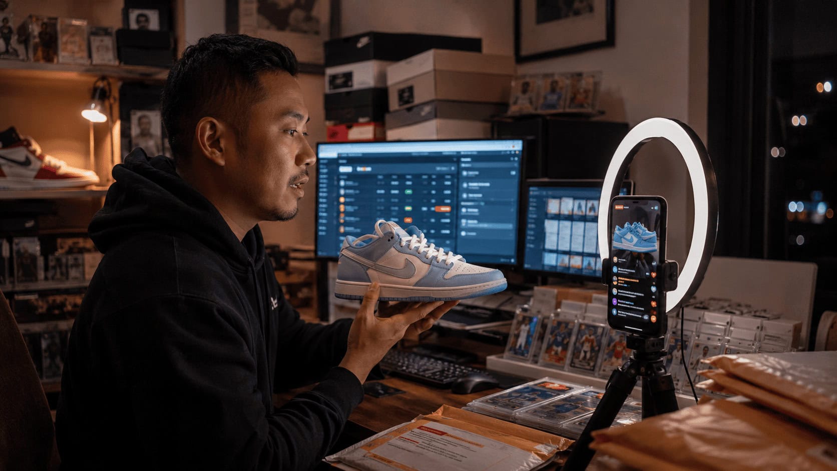 A Whatnot seller runs a live auction from a home studio, with the Whatnot app open on a phone beside ring lights and boxed inventory