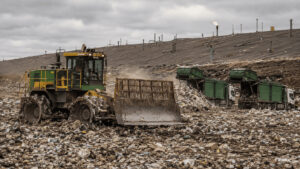 A WM landfill compactor working an active cell at a municipal solid waste site, with collection trucks queued at the tipping face